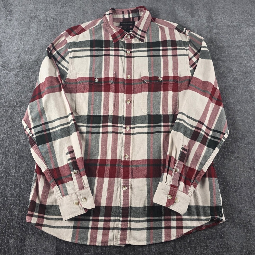 Banana Republic Plaid Flannel Button Up Shirt Mens Large Red White Cotton L